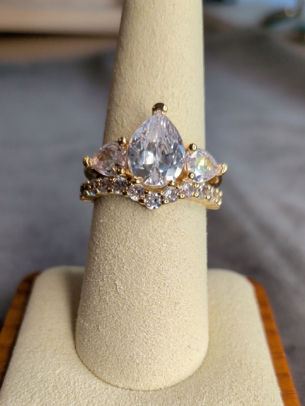 Wedding Set: Gold Fill Pear Cubic Zirconia Crown Ring Size 8